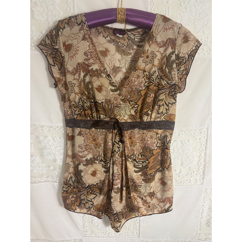 Early 2000's Brown Floral Lace Trim Faux Wrap Babydoll Blouse Size L-XL - Picture 2 of 11